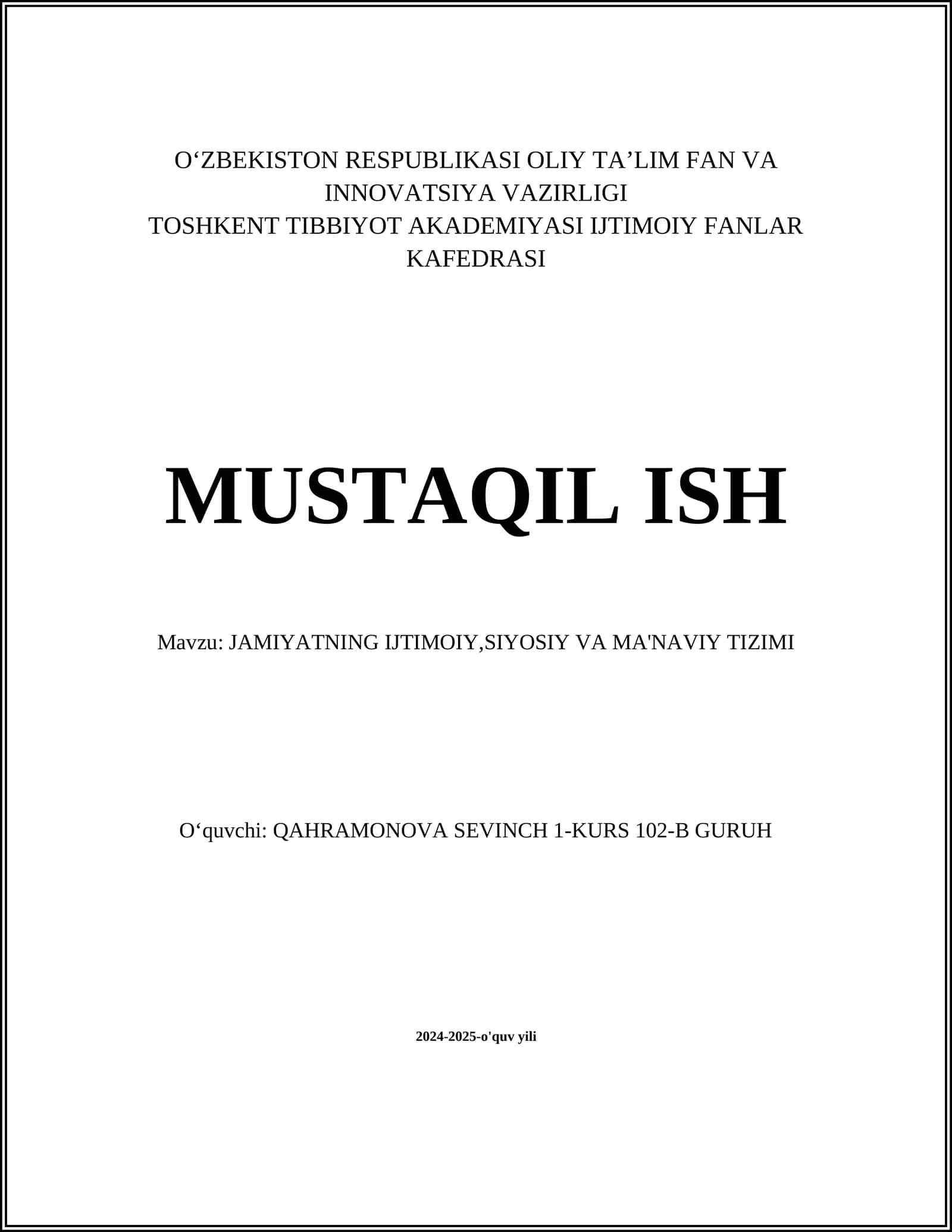 JAMIYATNING IJTIMOIY,SIYOSIY VA MA'NAVIY TIZIMI