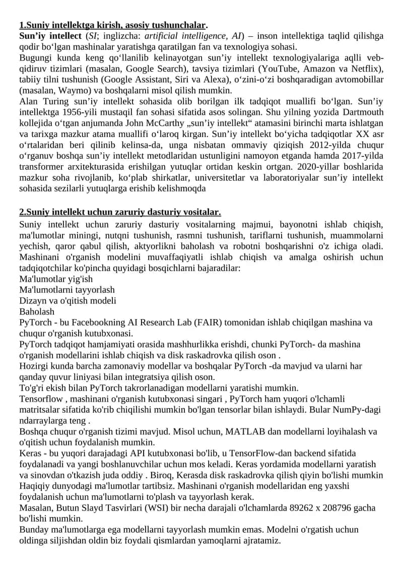 Suniy intellektga kirish, asosiy tushunchalar