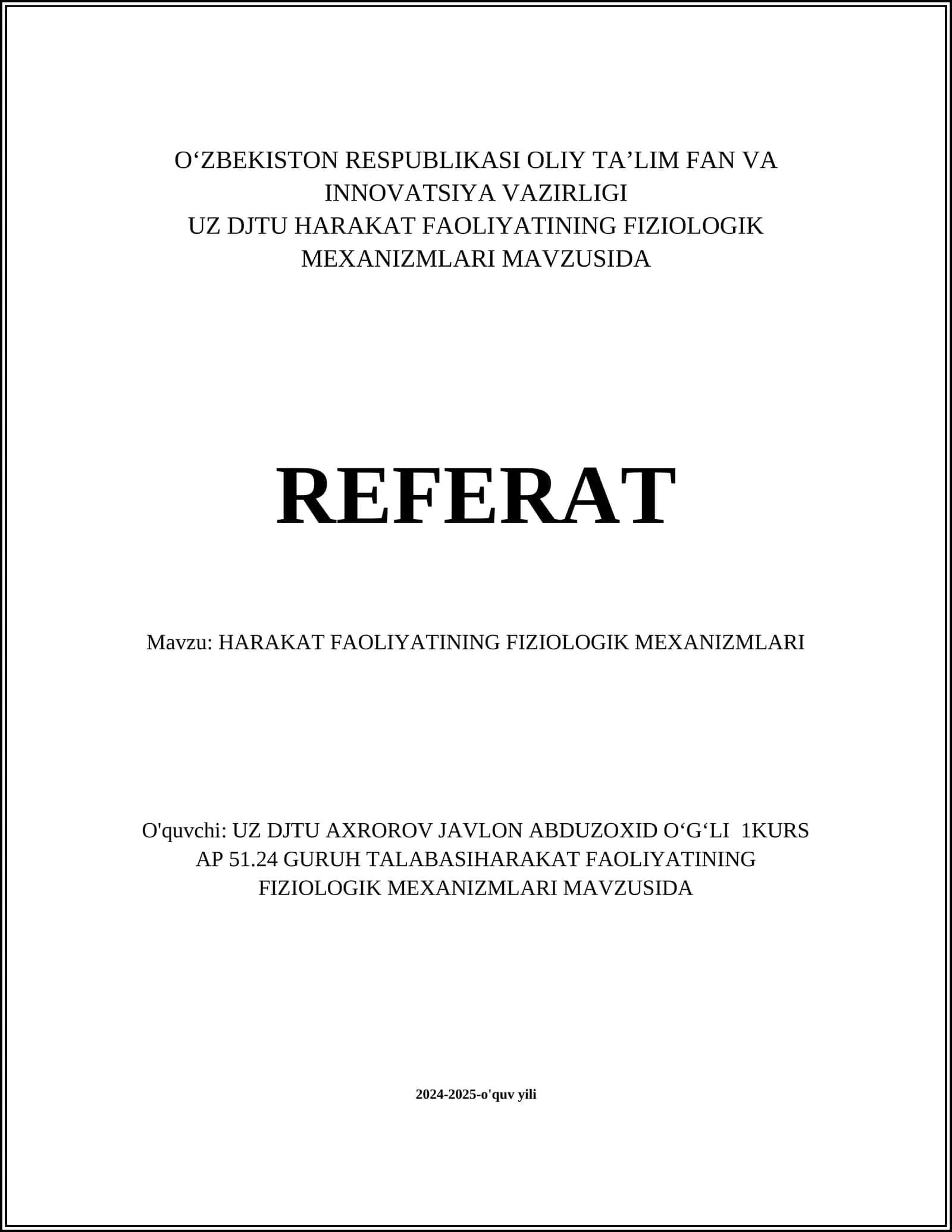 HARAKAT FAOLIYATINING FIZIOLOGIK MEXANIZMLARI