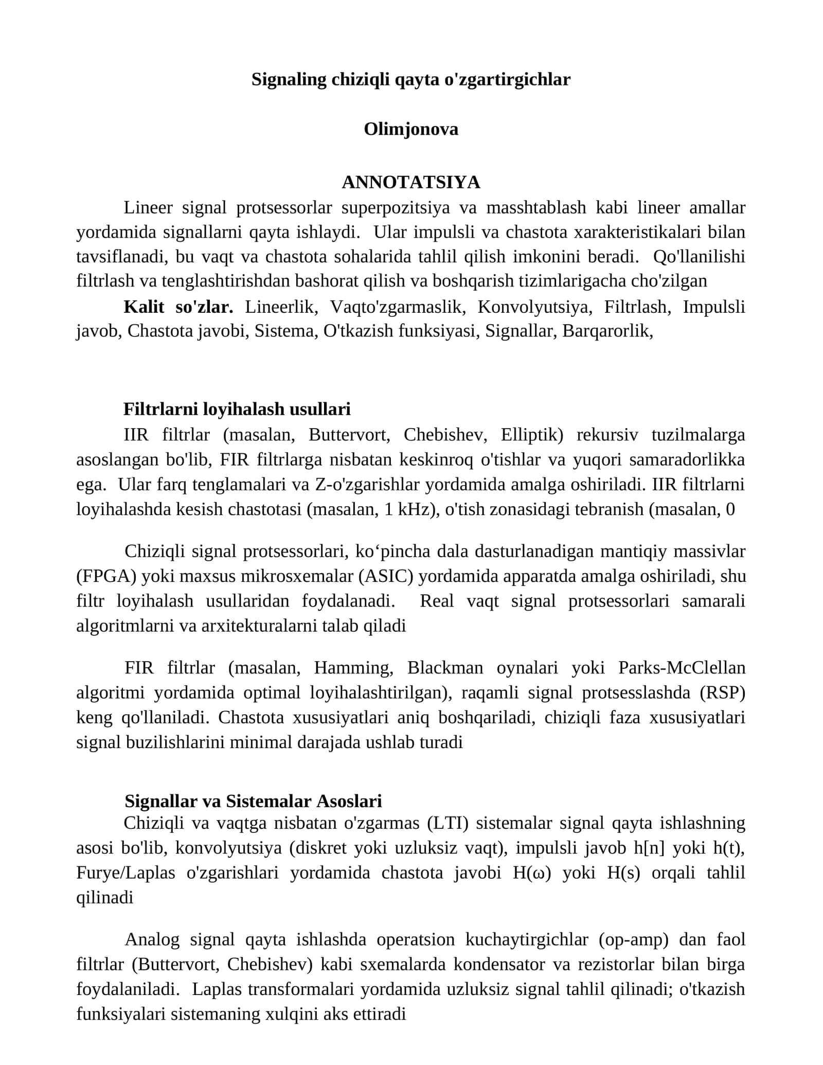 Signaling chiziqli qayta o'zgartirgichlar