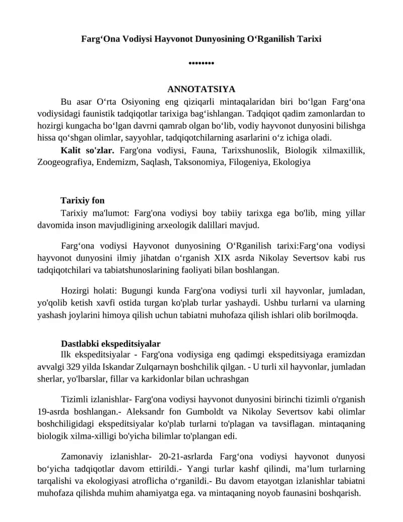 FargʻOna Vodiysi Hayvonot Dunyosining OʻRganilish Tarixi