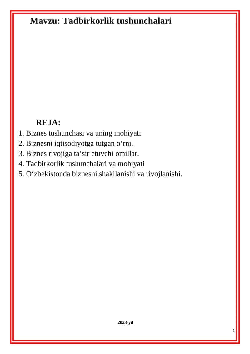 Biznes faoliyati va tadbirkorlik