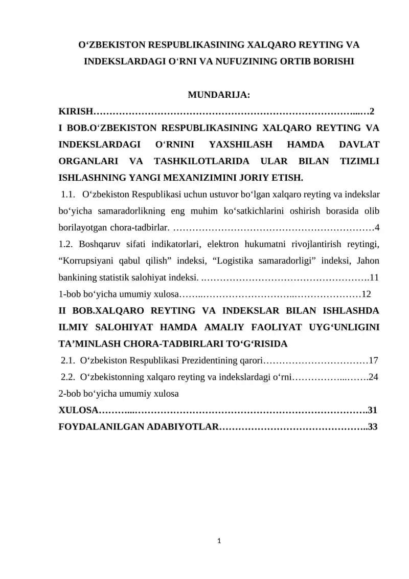 O‘ZBEKISTON RESPUBLIKASINING XALQARO REYTING VA INDEKSLARDAGI O‘RNI VA NUFUZINING ORTIB BORISHI
