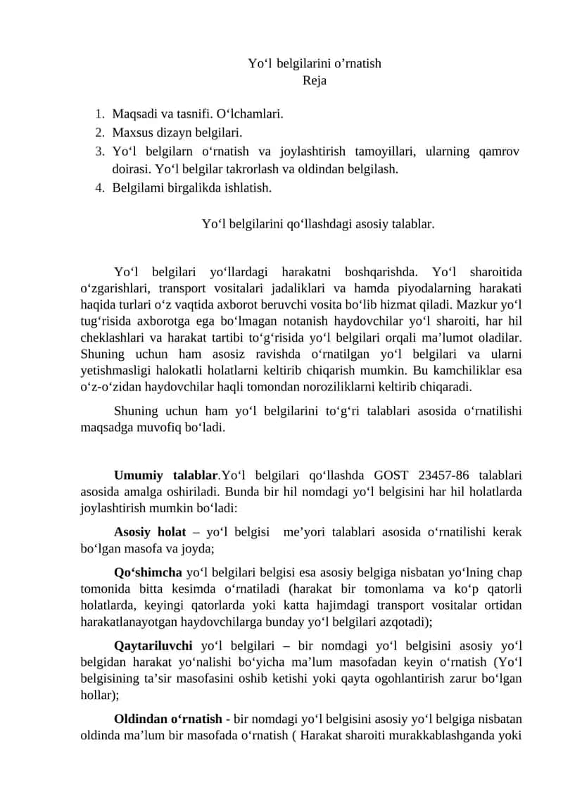Yo‘l belgilarini o’rnatish