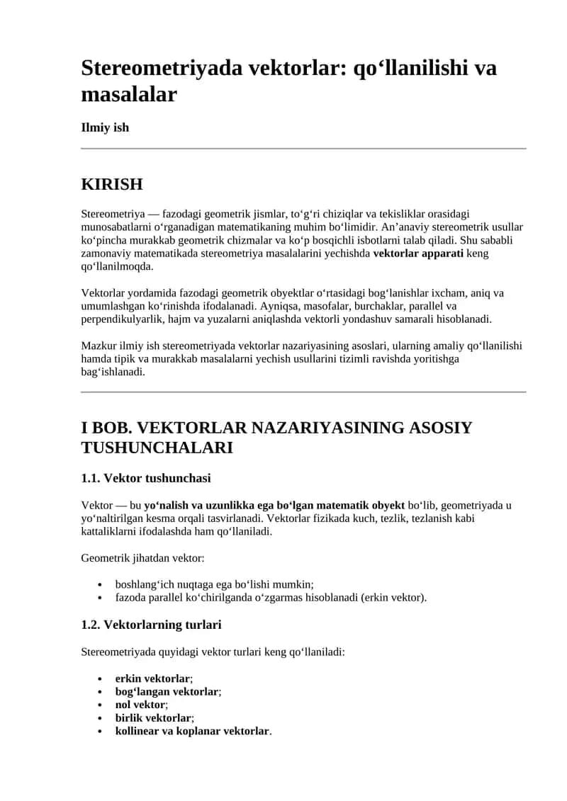 Stereometriyada vektorlar: qo‘llanilishi va masalalar