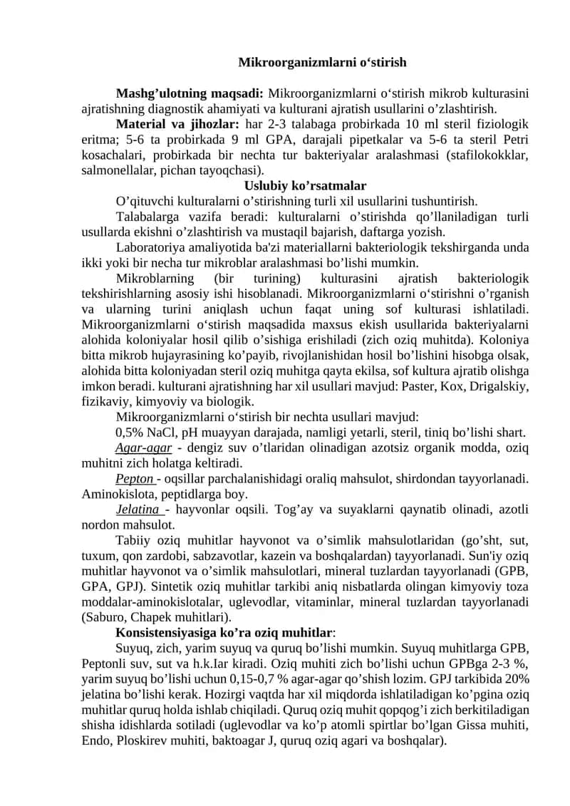 Mikroorganizmlarni o‘stirish