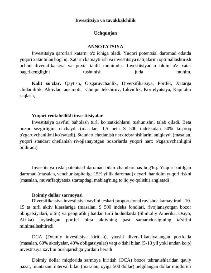 Investitsiya va tavakkalchilik