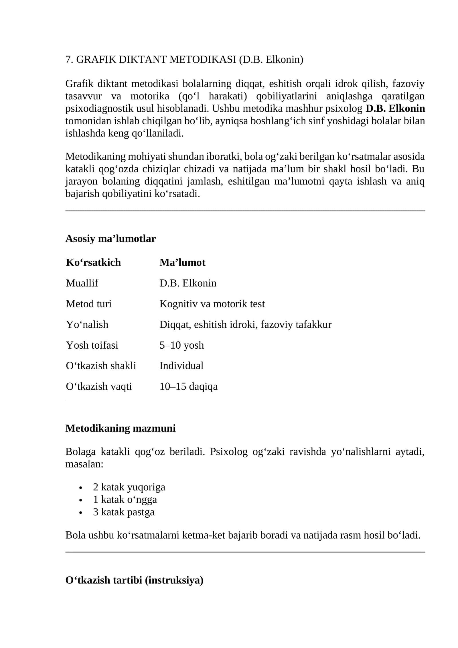 GRAFIK DIKTANT METODIKASI (D.B. Elkonin)