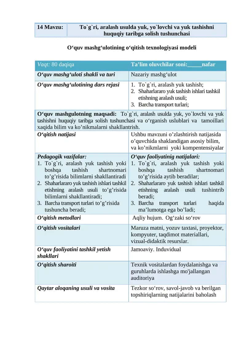 To`g`ri, aralash usulda yuk, yo`lovchi va yuk tashishni huquqiy taribga solish tushunchasi