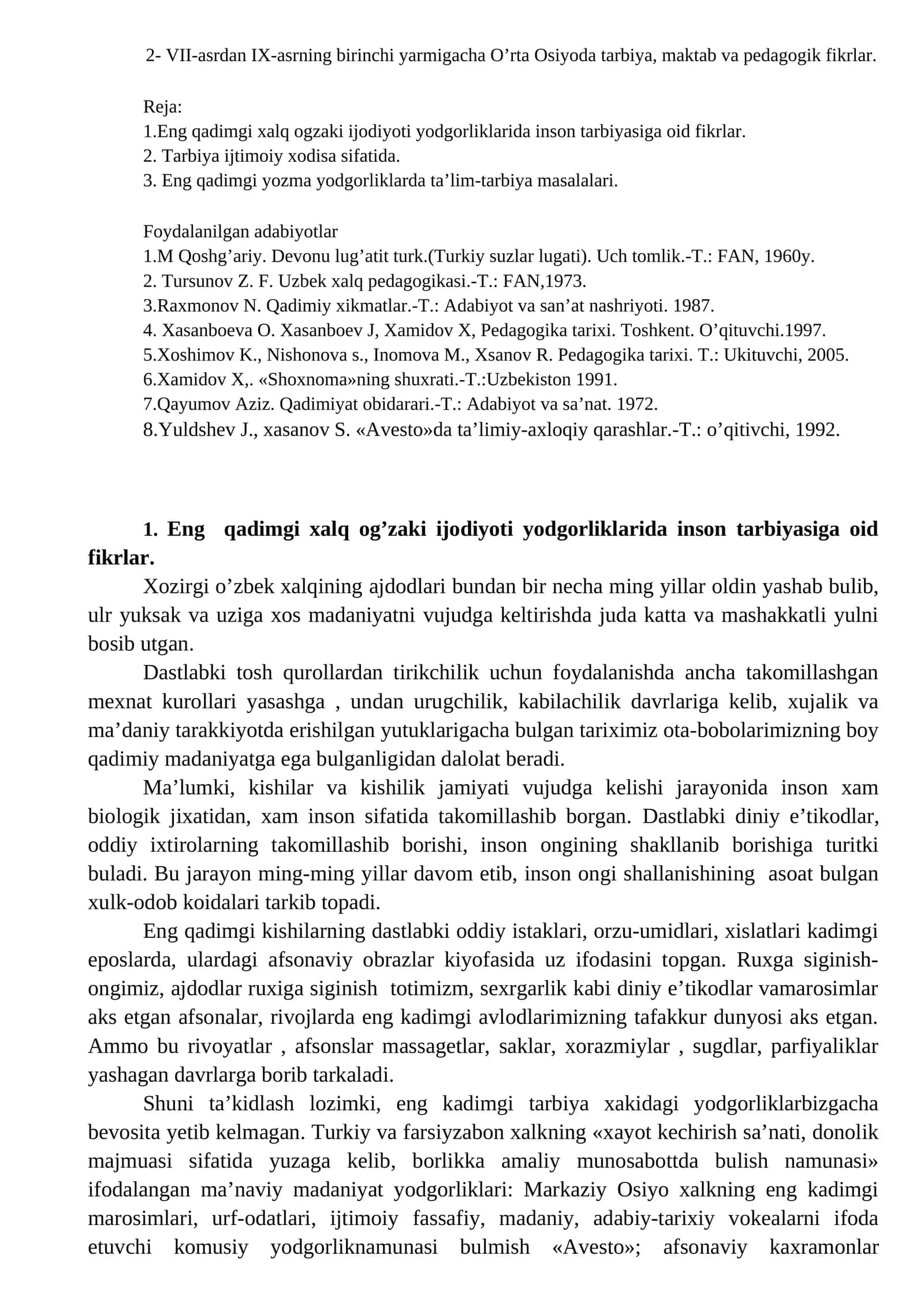 Eng qadimgi xalq og'zaki ijodiyoti yodgorliklarida inson tarbiyasiga oid fikrlar