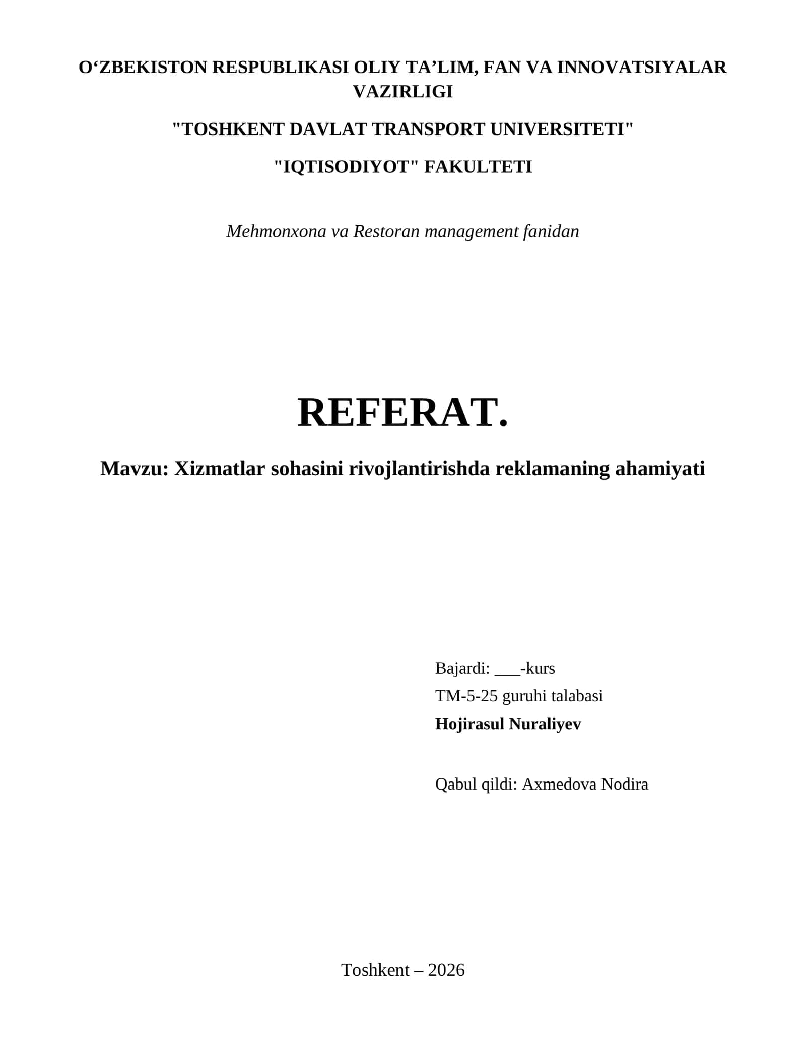 Xizmatlar sohasini rivojlantirishda reklamaning ahamiyati