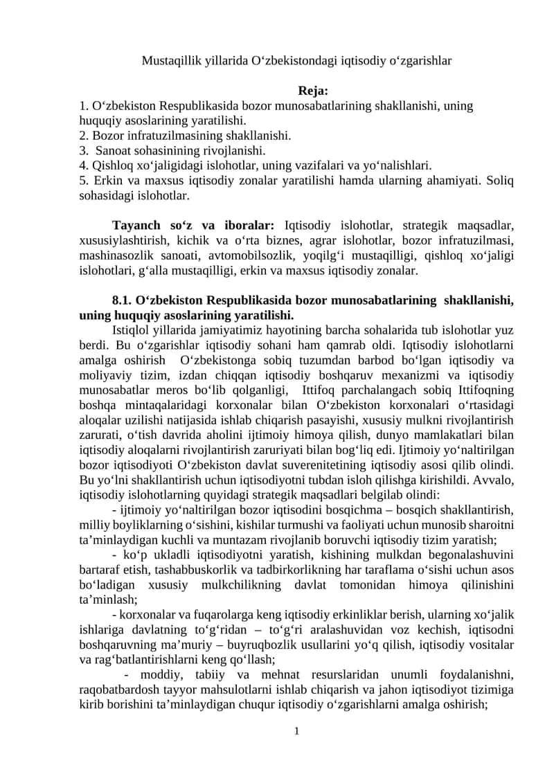 Mustaqillik yillarida O‘zbekistondagi iqtisodiy o‘zgarishlar