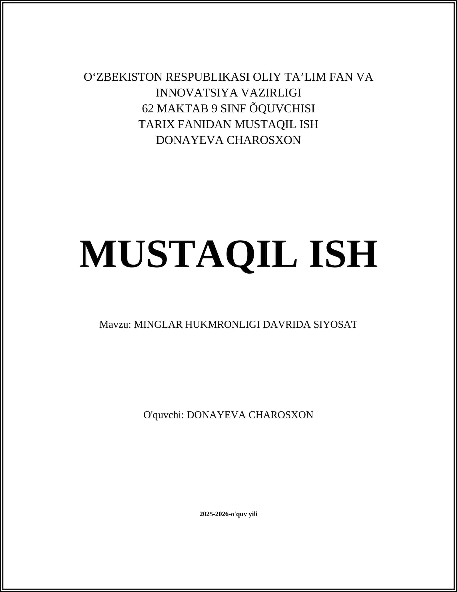 MINGLAR HUKMRONLIGI DAVRIDA SIYOSAT