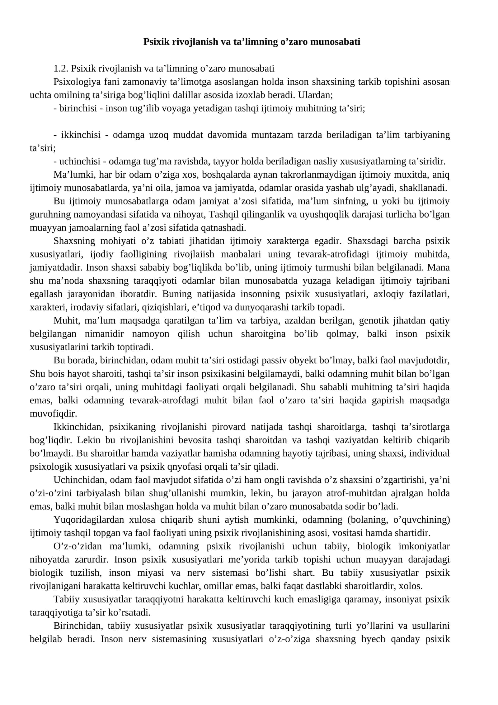 Psixik rivojlanish va ta’limning o’zaro munosabati