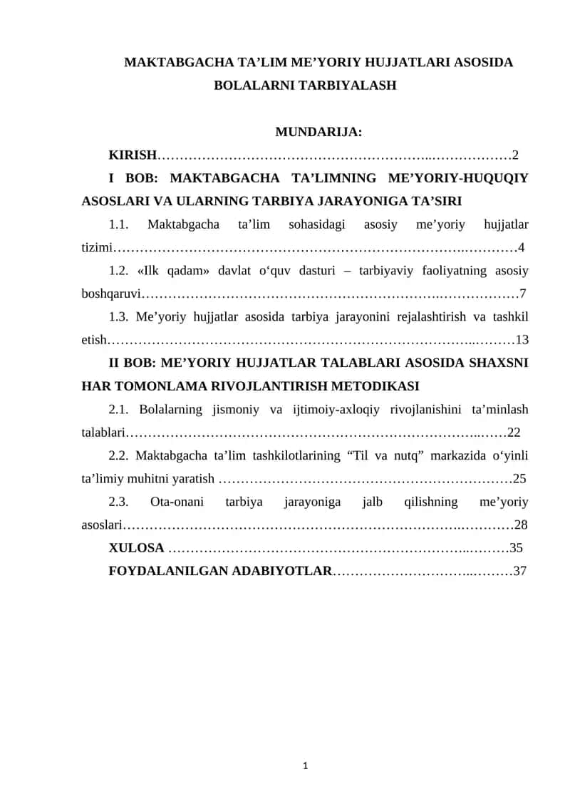 MAKTABGACHA TA’LIM ME’YORIY HUJJATLARI ASOSIDA BOLALARNI TARBIYALASH