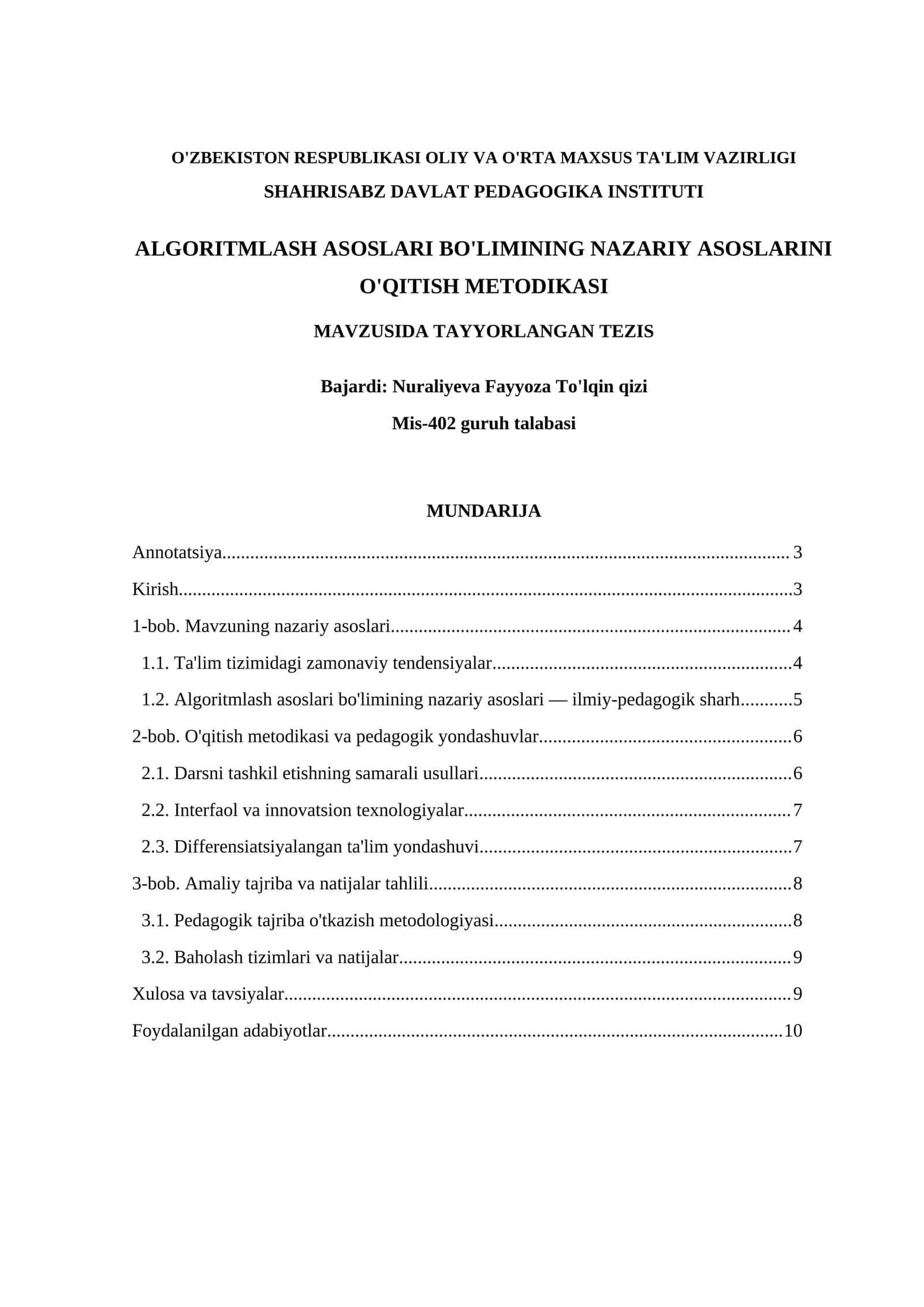 ALGORITMLASH ASOSLARI BO'LIMINING NAZARIY ASOSLARINI O'QITISH METODIKASI