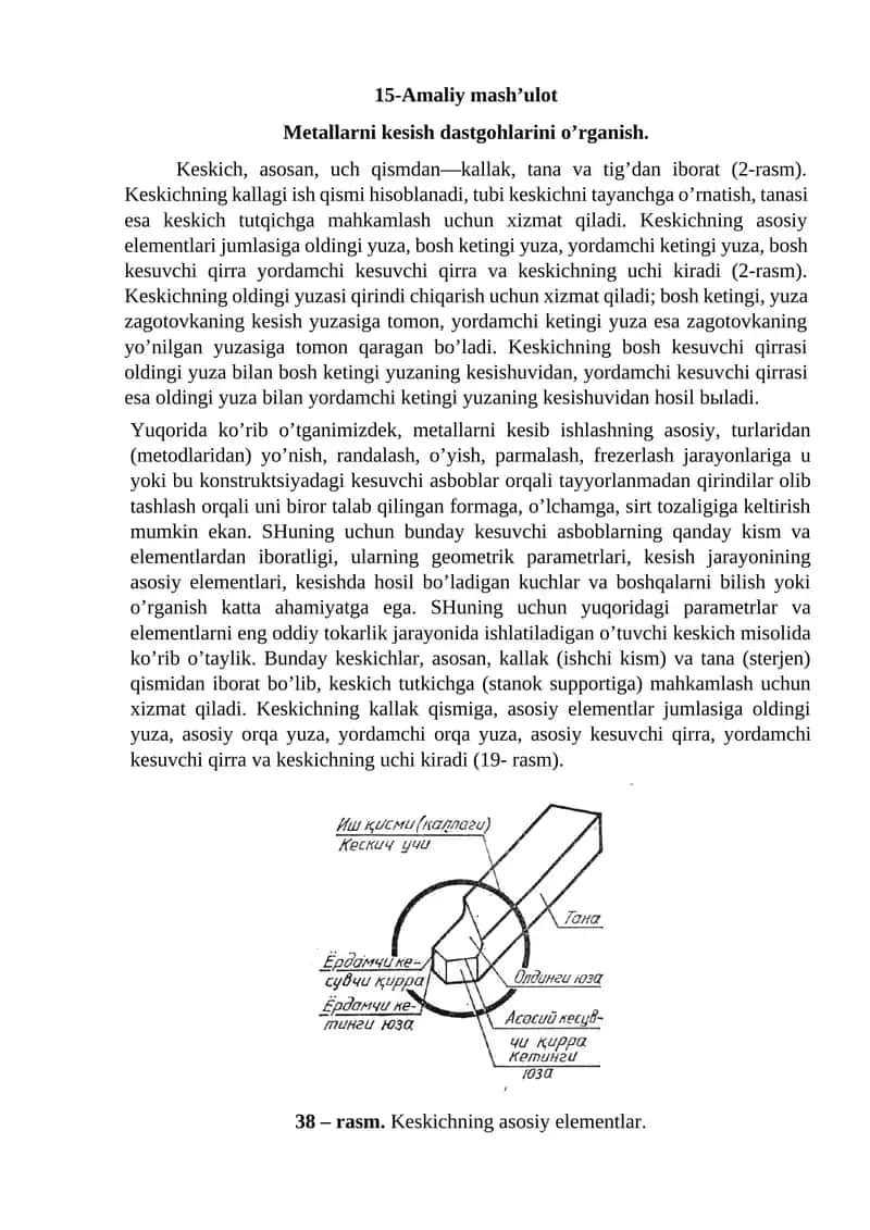 15-Amaliy mash’ulot. Metallarni kesish dastgohlarini o’rganish