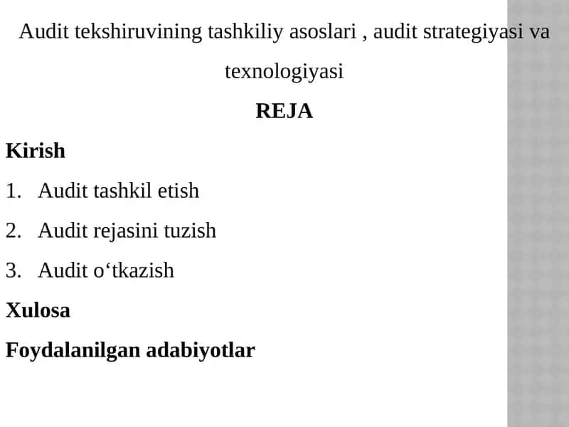 Audit tekshiruvining tashkiliy asoslari , audit strategiyasi va texnologiyasi