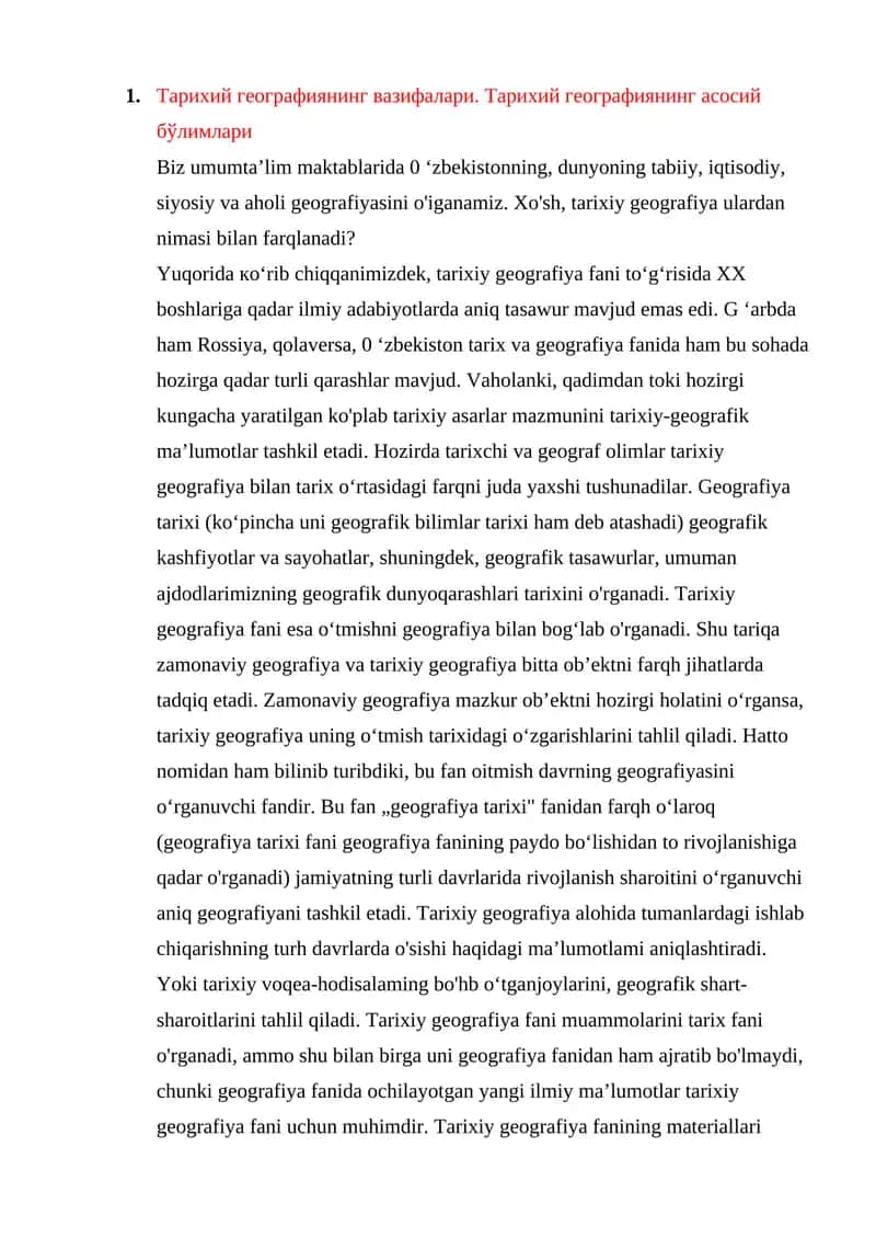 Tarixiy geografiya fanining vazifalari