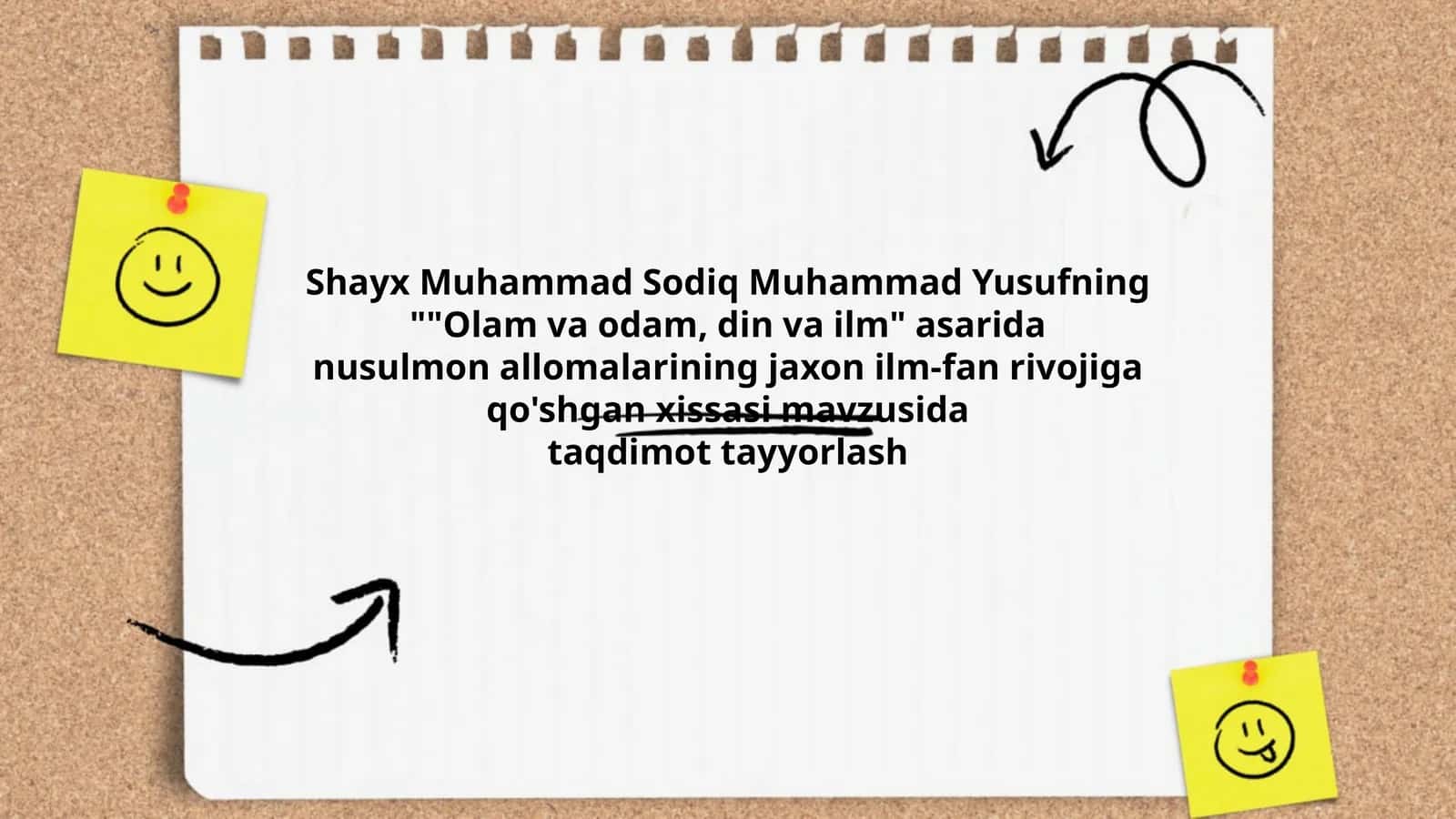 Shayx Muhammad Sodiq Muhammad Yusufning ""Olam va odam, din va ilm" asarida nusulmon allomalarining jaxon ilm-fan rivojiga qo'shgan xissasi mavzusida taqdimot tayyorlash