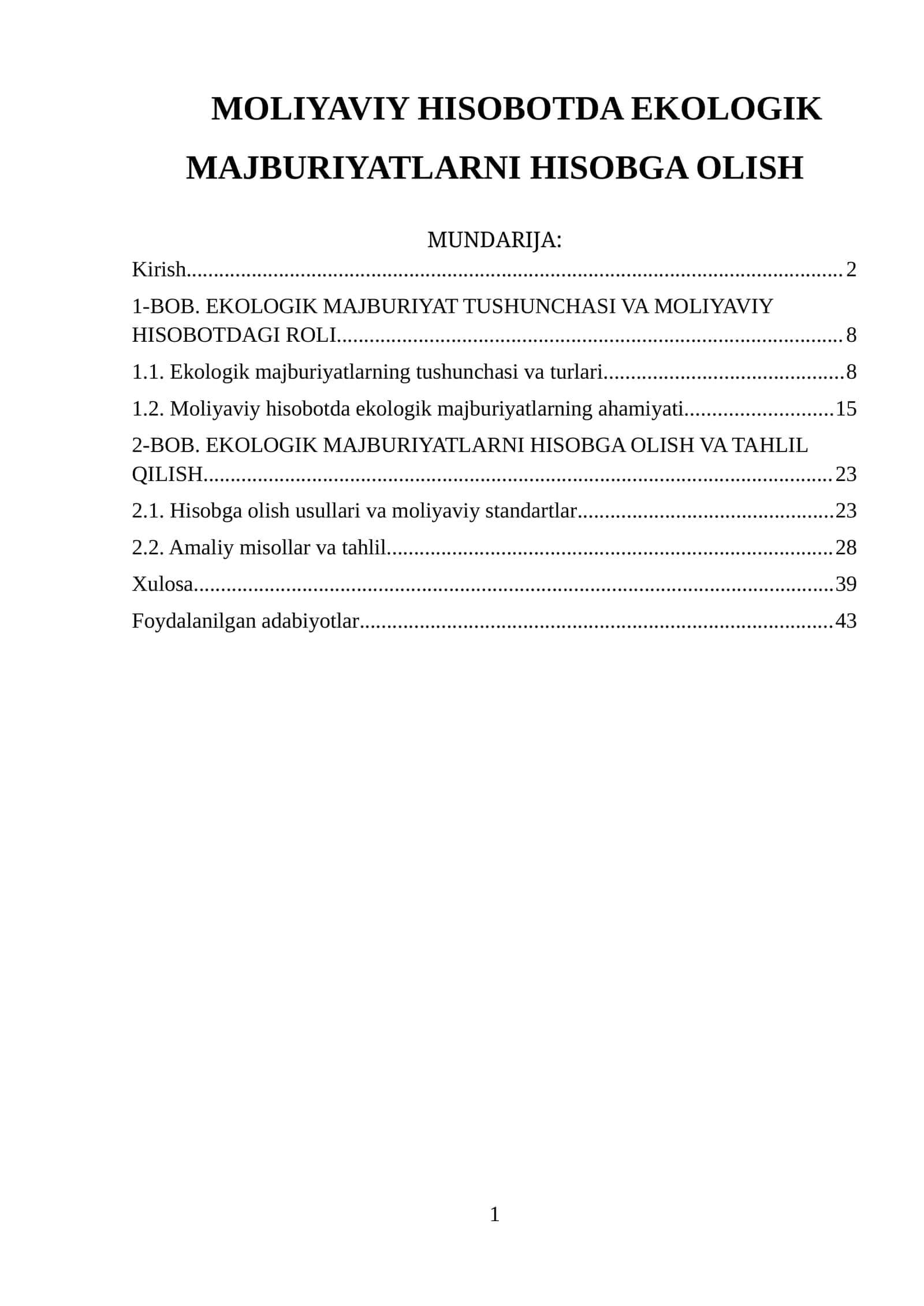 EKOLOGIK MAJBURIYATLARNI HISOBGA OLISH