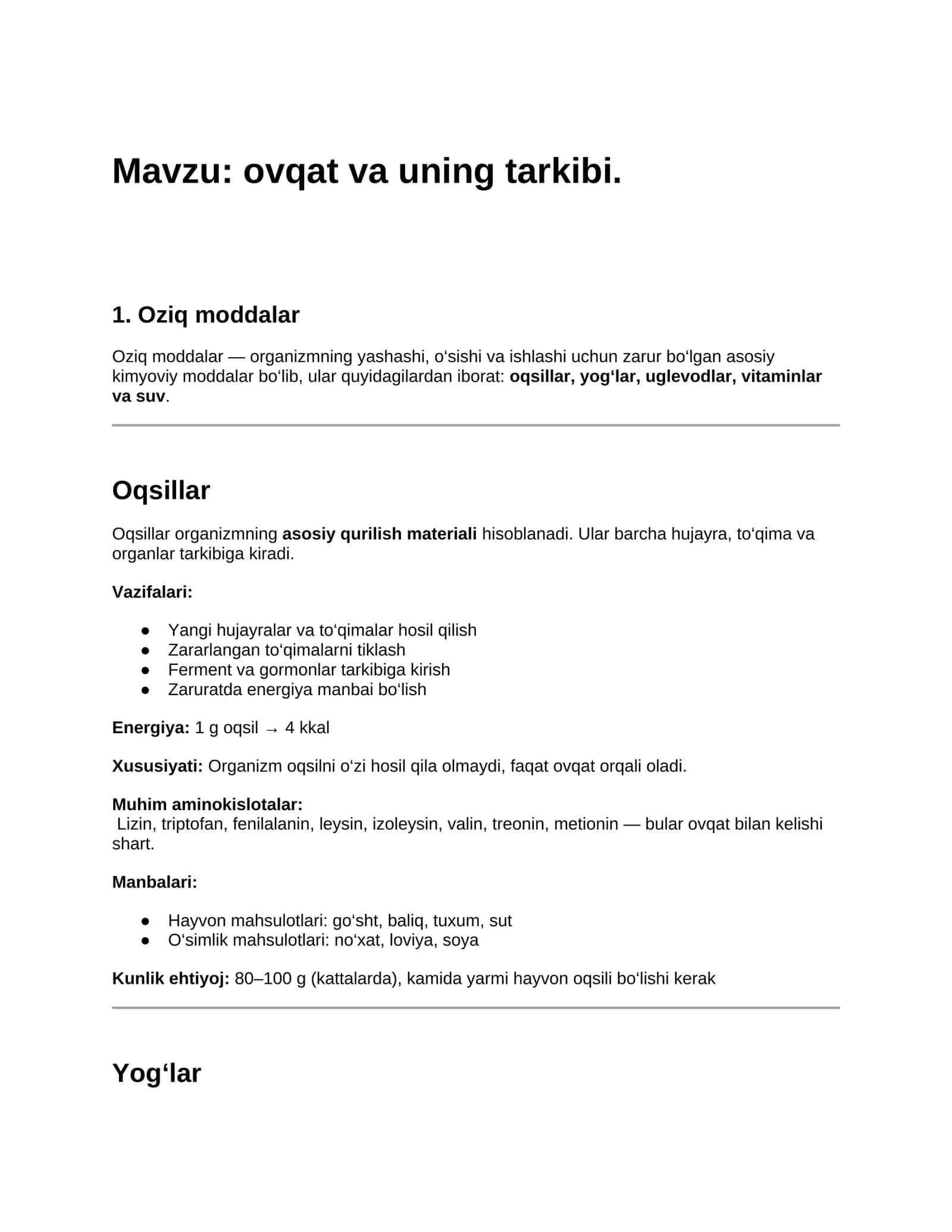 ovqat va uning tarkibi