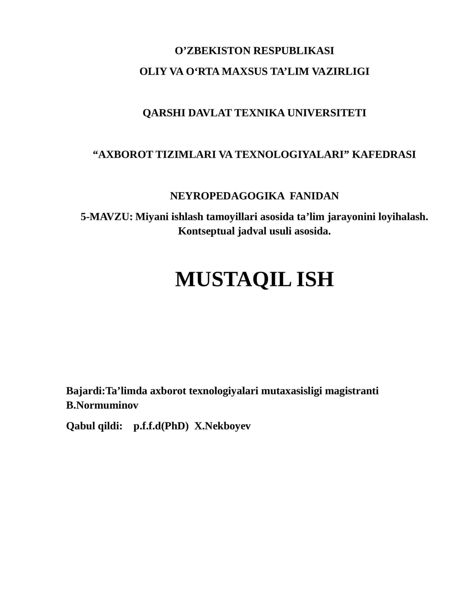 Miyani ishlash tamoyillari asosida ta’lim jarayonini loyihalash