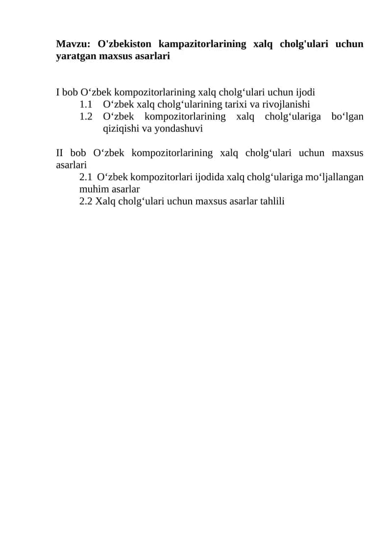 O'zbekiston kampazitorlarining xalq cholg'ulari uchun yaratgan maxsus asarlari