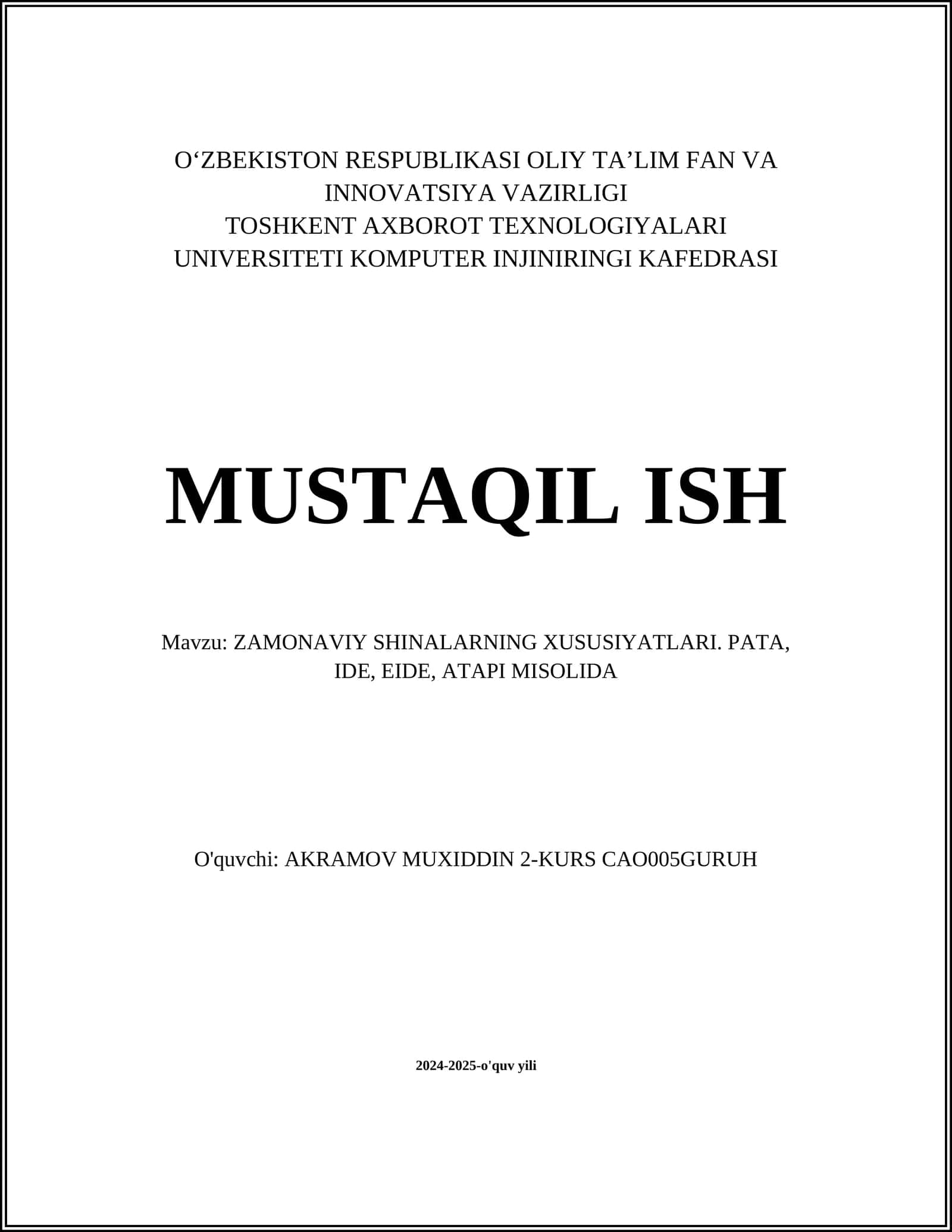 ZAMONAVIY SHINALARNING XUSUSIYATLARI. PATA, IDE, EIDE, ATAPI MISOLIDA