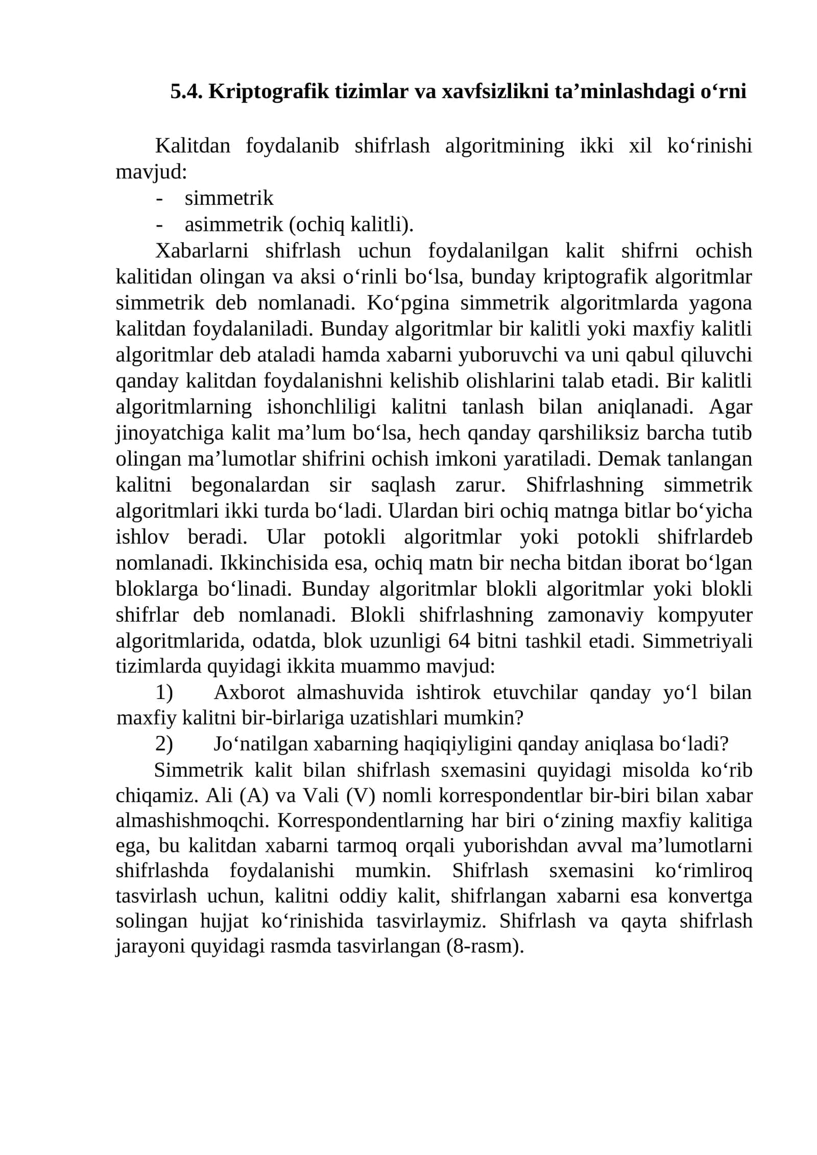 Kriptografik tizimlar va xavfsizlikni ta’minlashdagi o‘rni