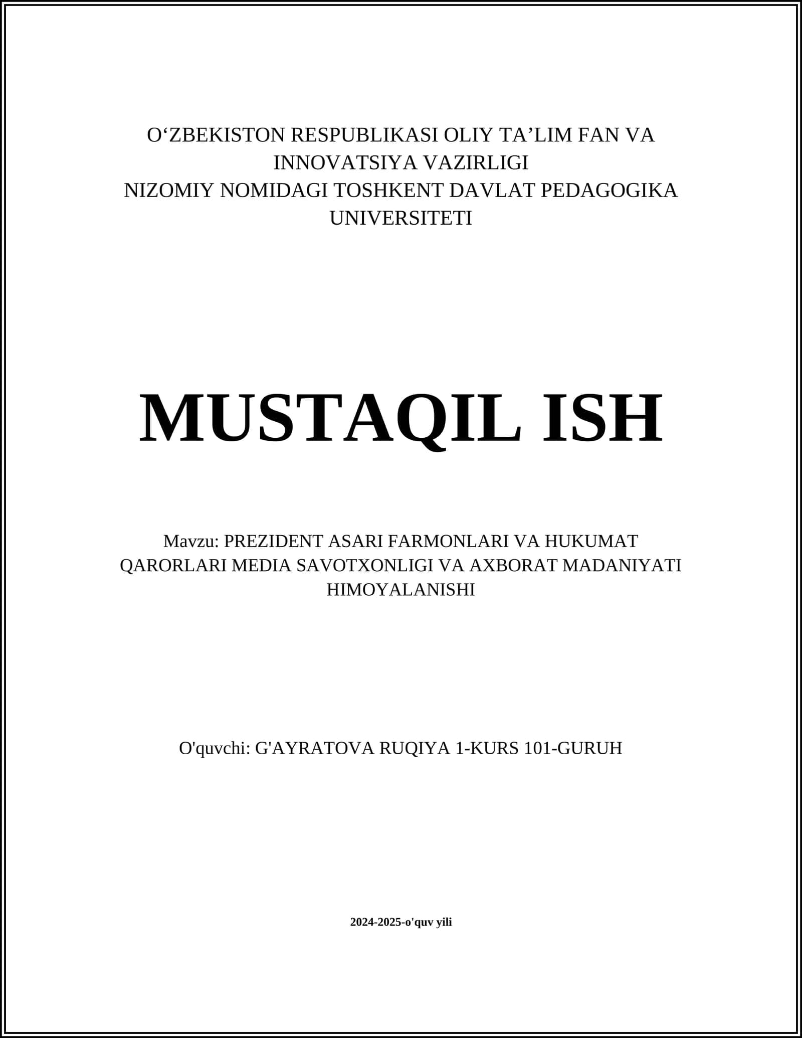 PREZIDENT ASARI FARMONLARI VA HUKUMAT QARORLARI MEDIA SAVOTXONLIGI VA AXBORAT MADANIYATI HIMOYALANISHI
