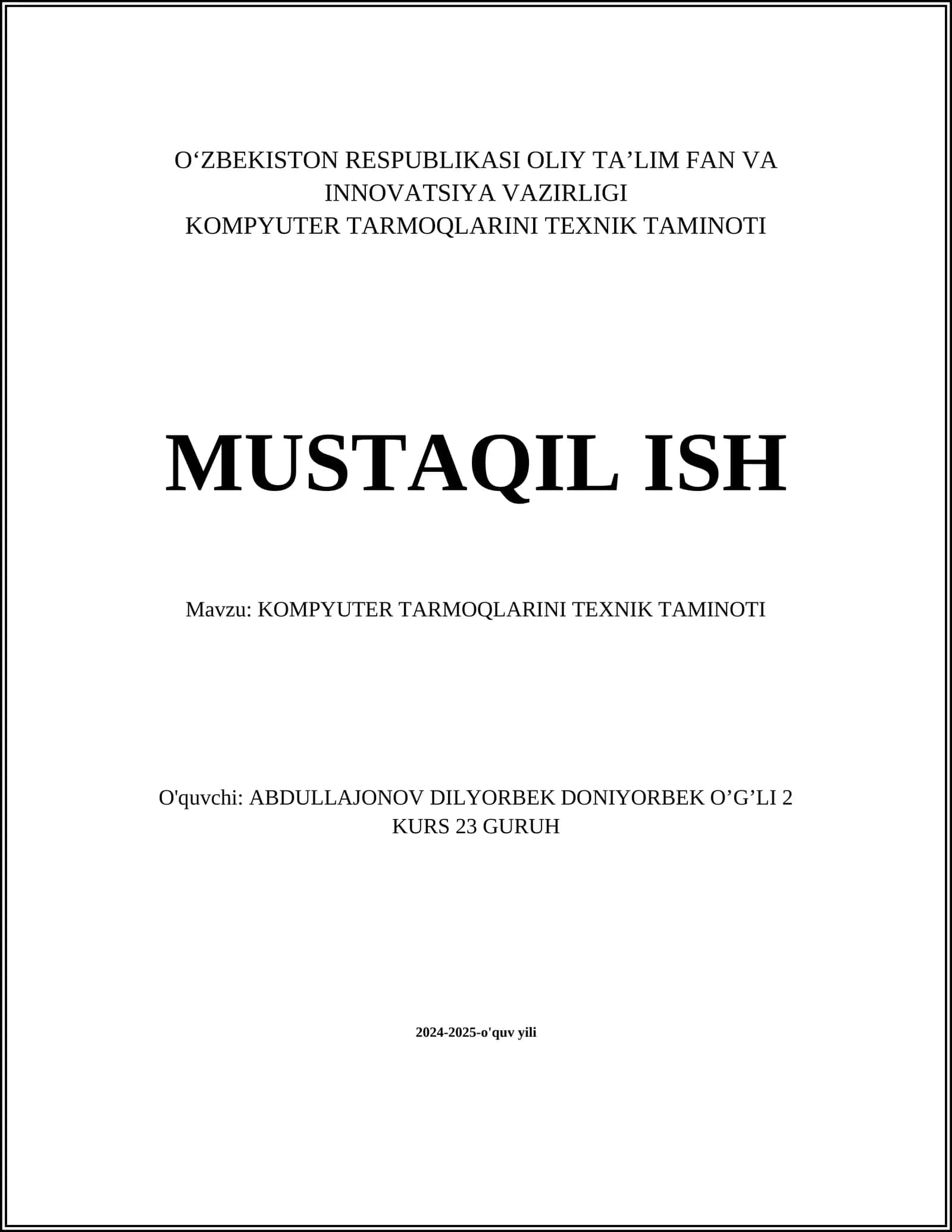 KOMPYUTER TARMOQLARINI TEXNIK TAMINOTI