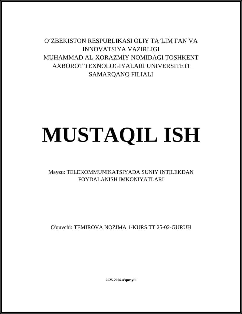 TELEKOMMUNIKATSIYADA SUNIY INTILEKDAN FOYDALANISH IMKONIYATLARI