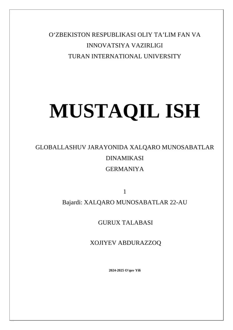 Globallashuv jarayonida xalqaro munosabatlar dinamikasi