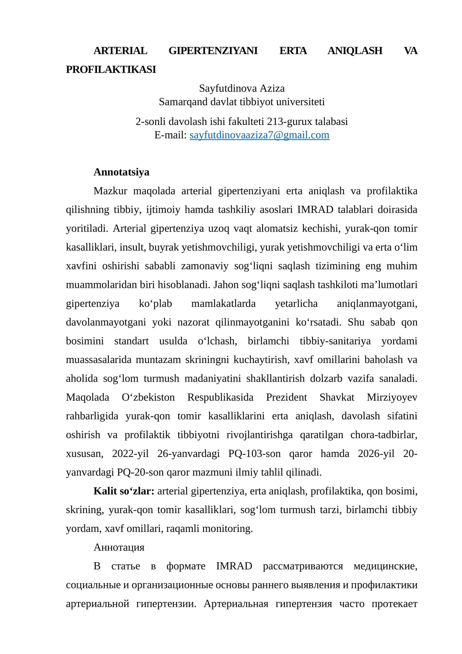 ARTERIAL GIPERTENZIYANI ERTA ANIQLASH VA PROFILAKTIKASI