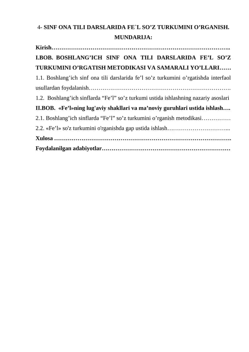 4-SINF ONA TILI DARSLARIDA FE`L SO’Z TURKUMINI O’RGANISH