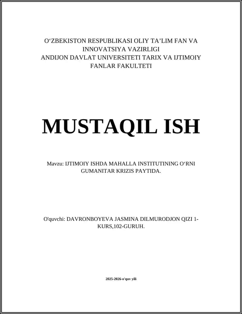 Mahalla Institutining Gumanitar Krizislarda Favqulodda Yordam Ko‘rsatishdagi Roli