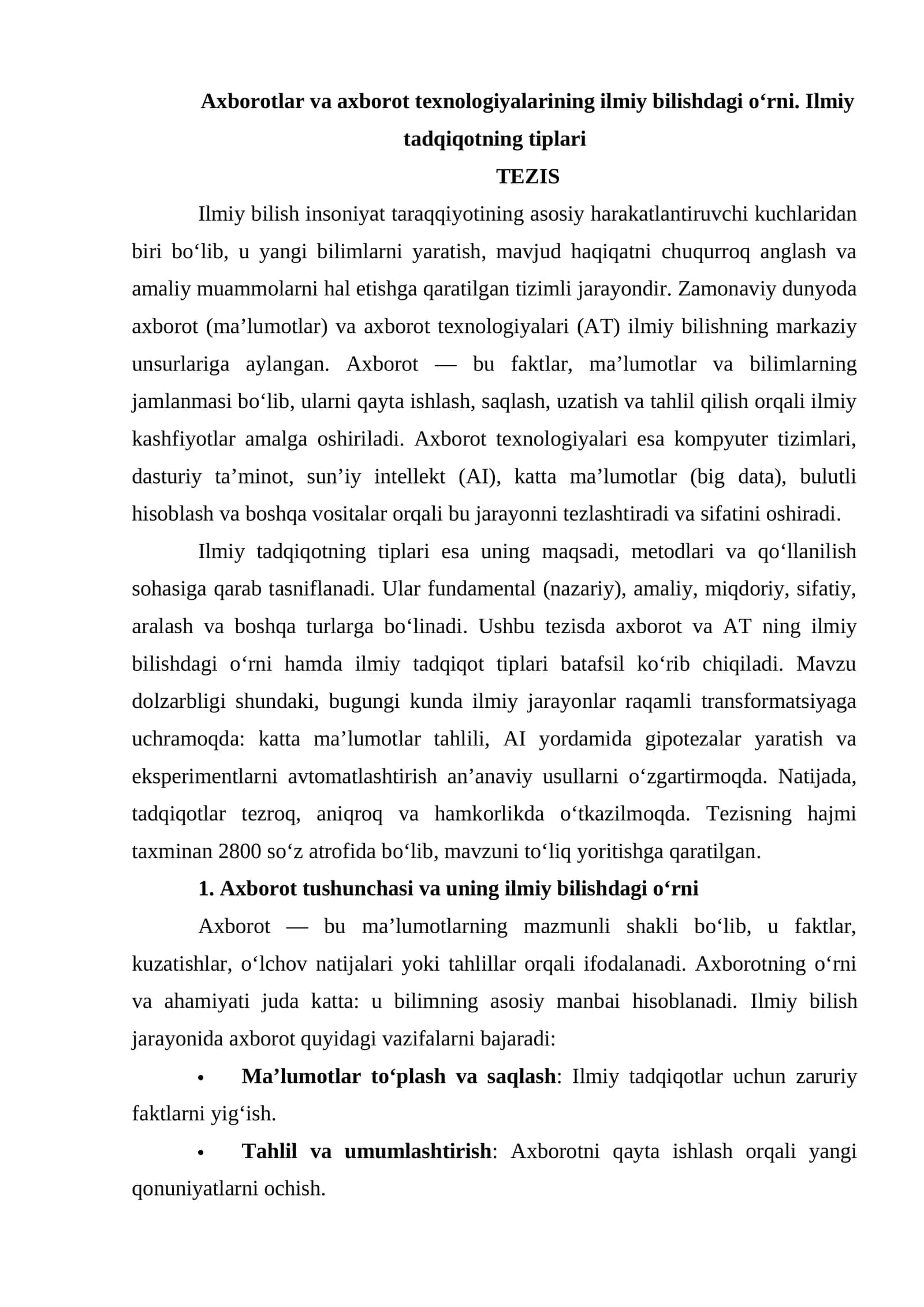 Axborotlar va axborot texnologiyalari