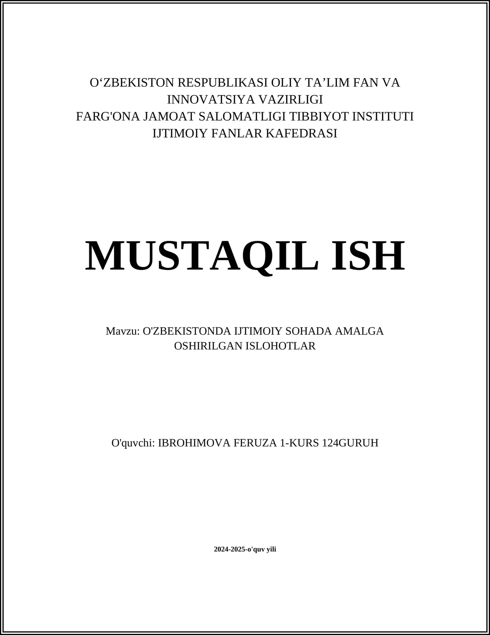 O'ZBEKISTONDA IJTIMOIY SOHADA AMALGA OSHIRILGAN ISLOHOTLAR