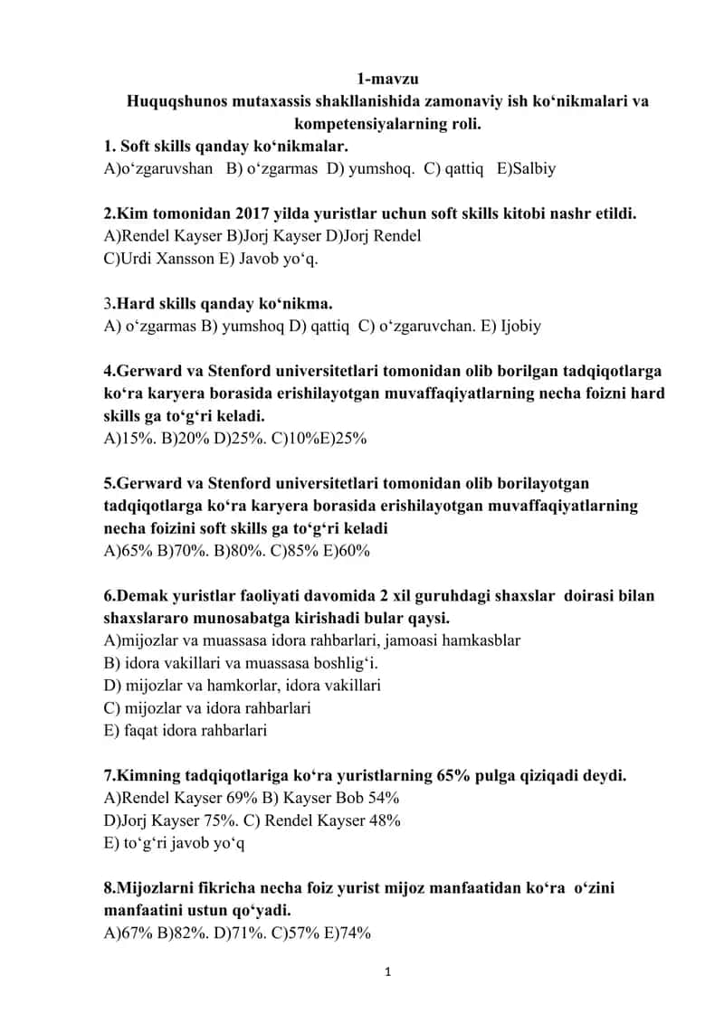 Huquqiy koʻnikmalar va metadalogiyadan mavzularidan test 120 ta