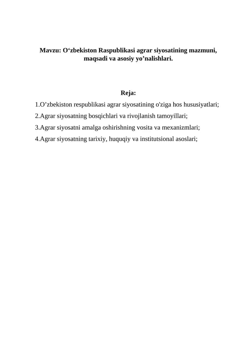 O‘zbekiston Raspublikasi Agrar Siyosati