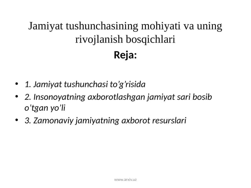 Jamiyattushunchasining mohiyati va uning rivojlanishbosqichlari