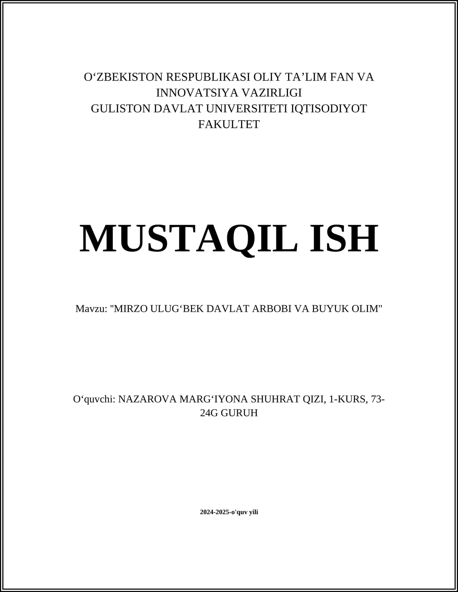 ''MIRZO ULUG‘BEK DAVLAT ARBOBI VA BUYUK OLIM''