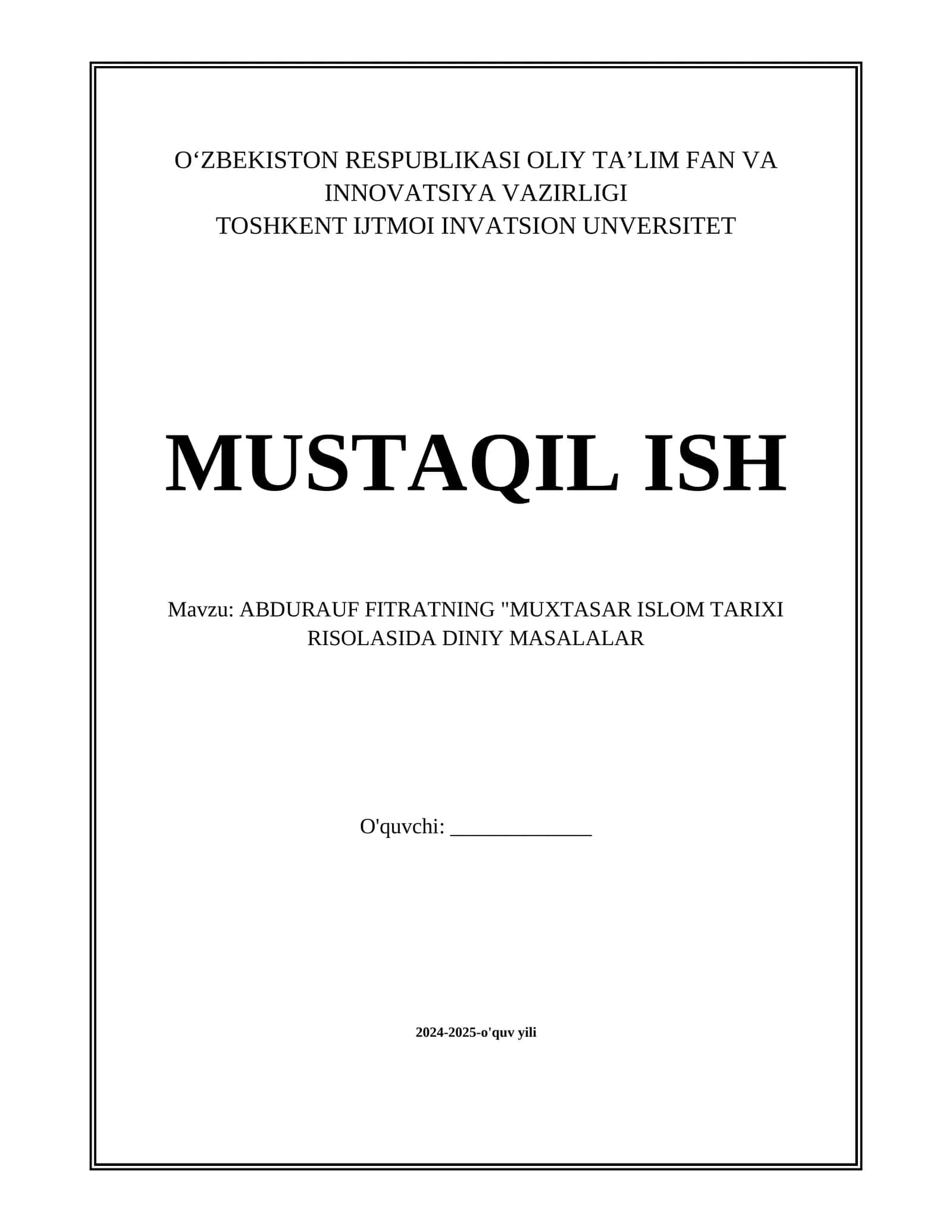 ABDURAUF FITRATNING MUXTASAR ISLOM TARIXI RISOLASIDA DINIY MASALALAR