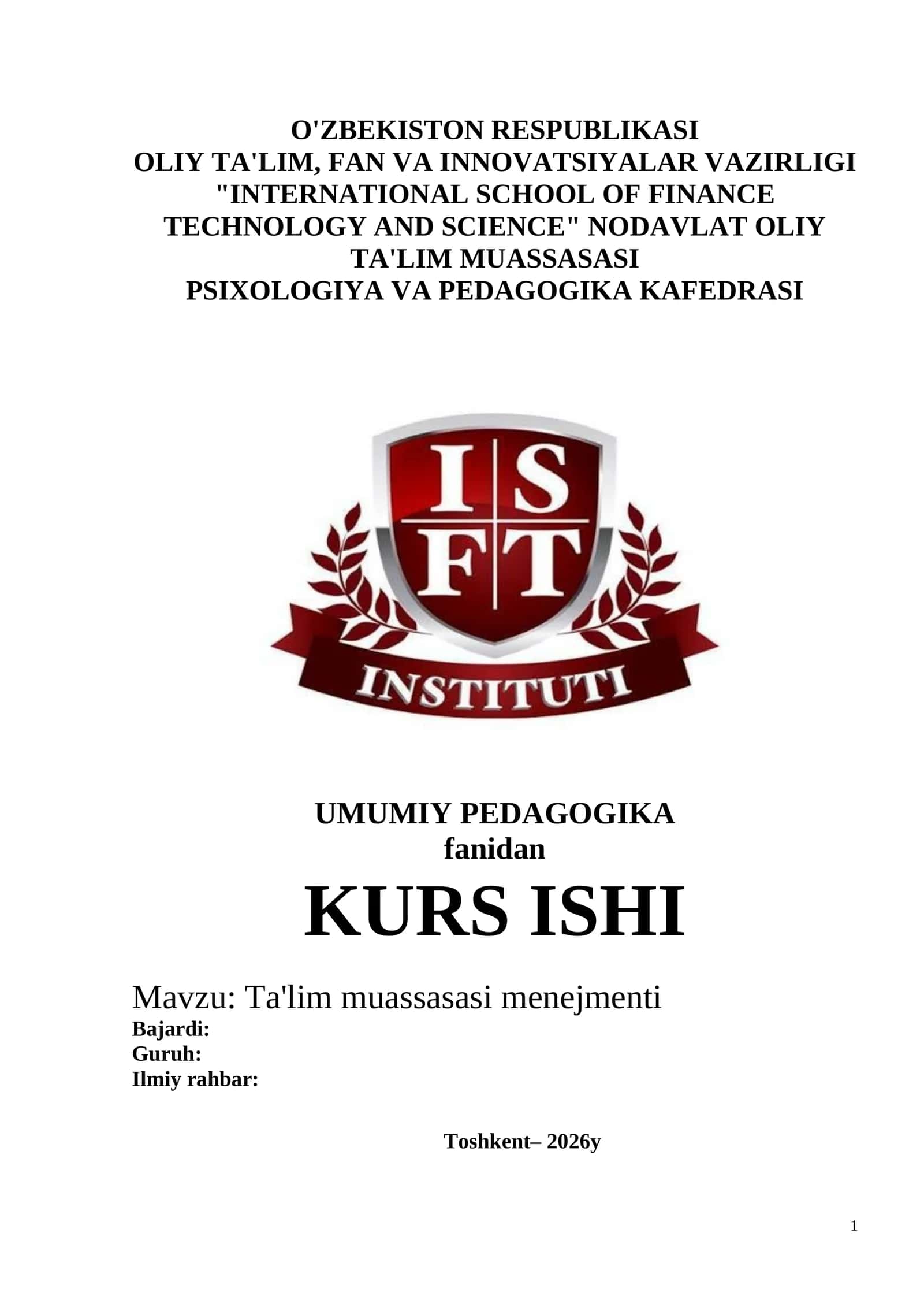 Ta'lim muassasasi menejmenti Kurs ishi