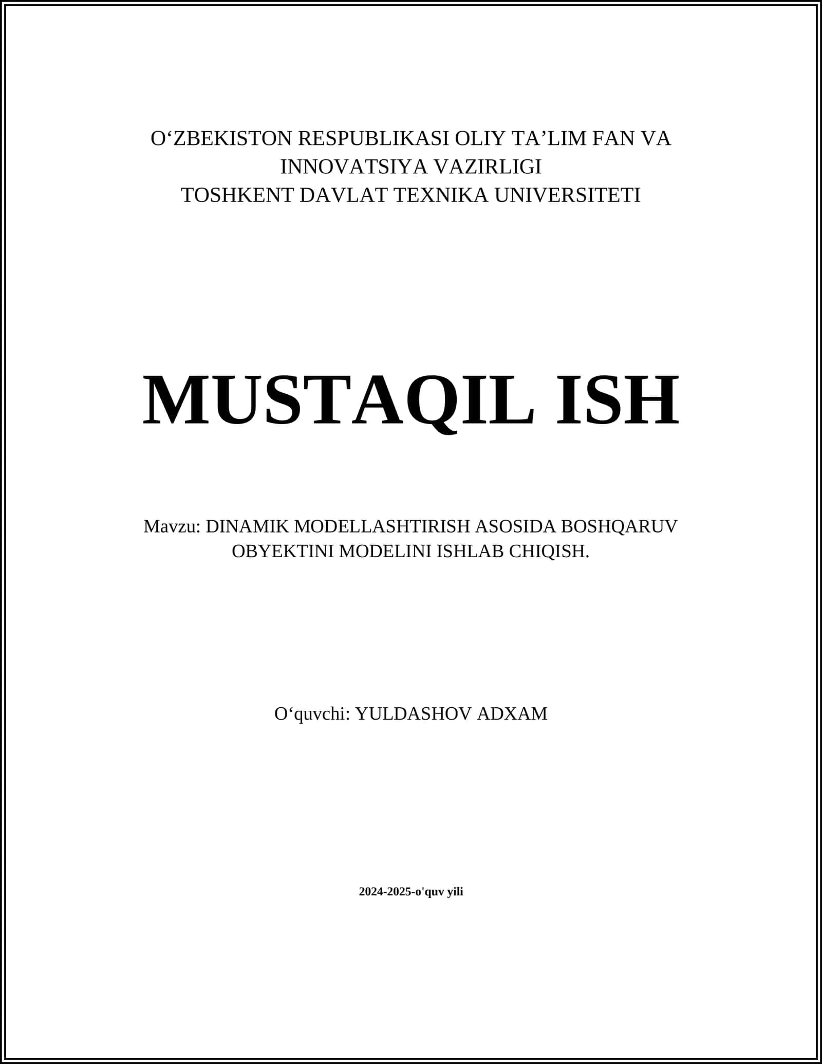 DINAMIK MODELLASHTIRISH ASOSIDA BOSHQARUV OBYEKTINI MODELINI ISHLAB CHIQISH