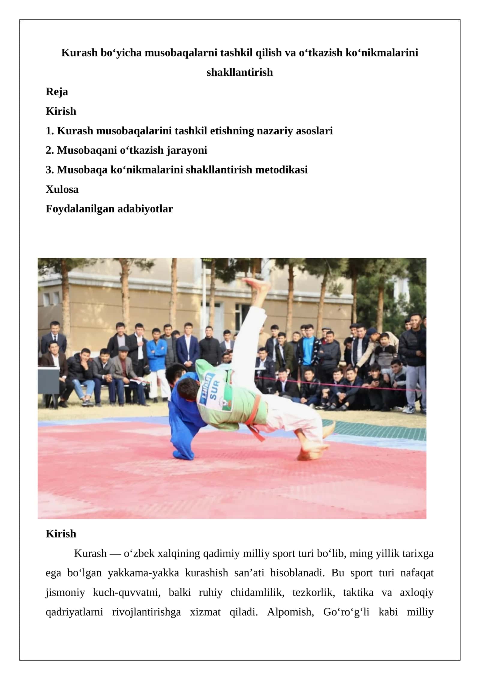 Kurash bo‘yicha musobaqalarni tashkil qilish va o‘tkazish ko‘nikmalarini shakllantirish
