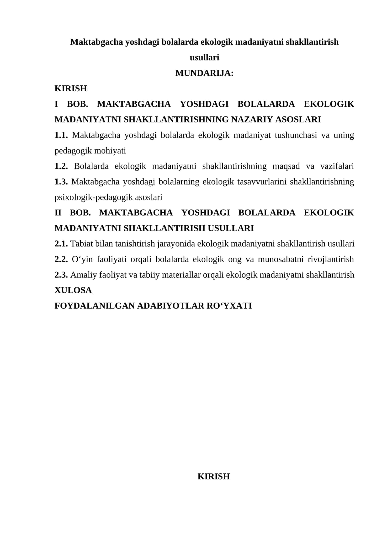Maktabgacha yoshdagi bolalarda ekologik madaniyatni shakllantirish usullari