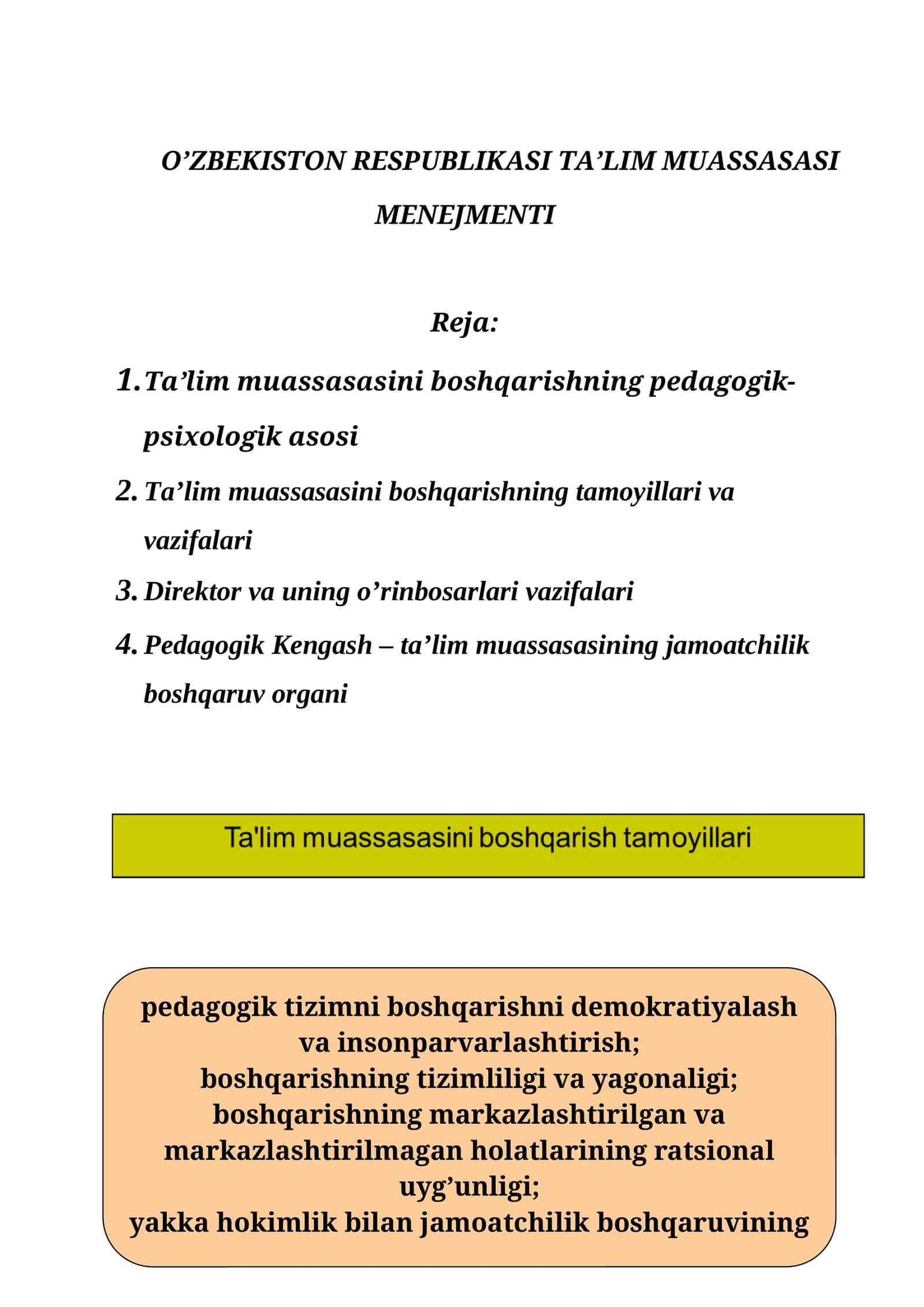 O’ZBEKISTON RESPUBLIKASI TA’LIM MUASSASASI MENEJMENTI