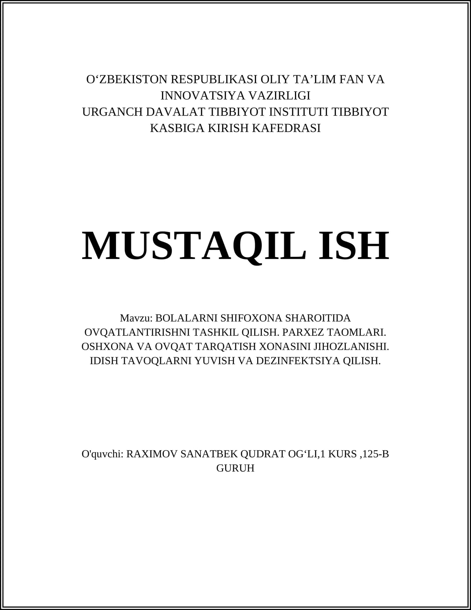 BOLALARNI SHIFOXONA SHAROITIDA OVQATLANTIRISHNI TASHKIL QILISH